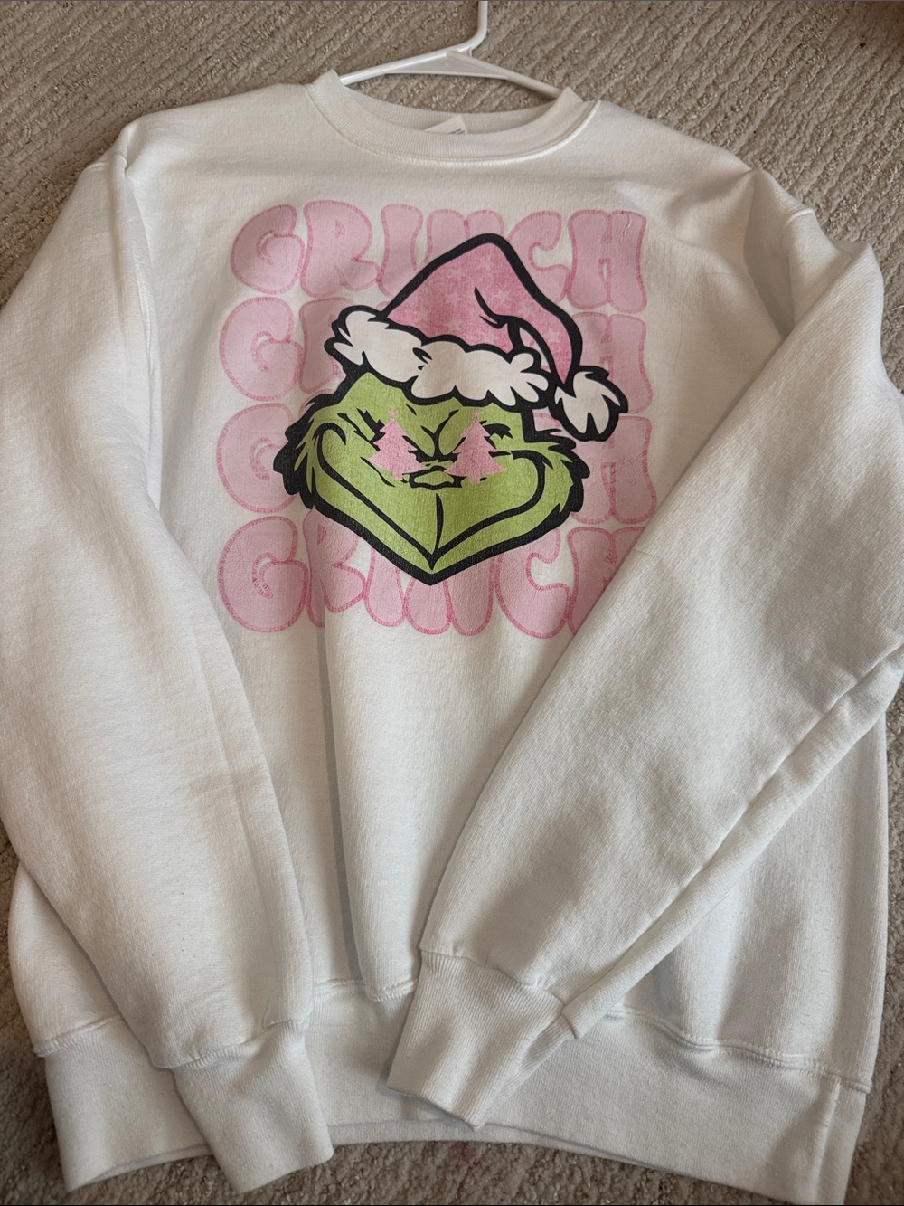 White Grinch Graphic Sweatshirt with Pink Accent